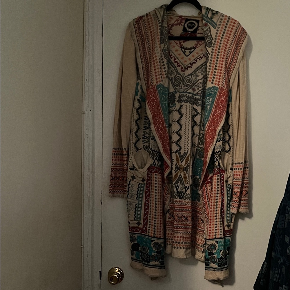 Johnny Was heavily embroidered 100% cotton cream wrap KL jacket S fits like M/L